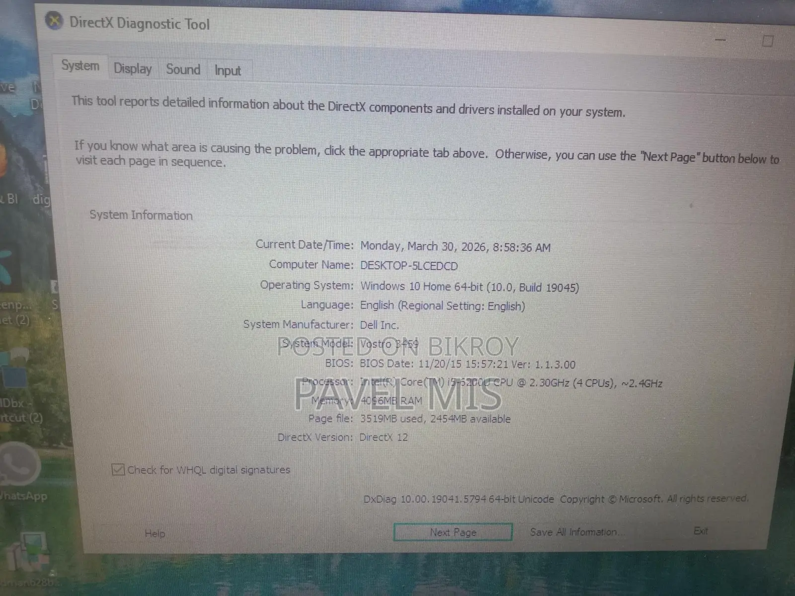 HP Core i5 Vostro 4gb RAM