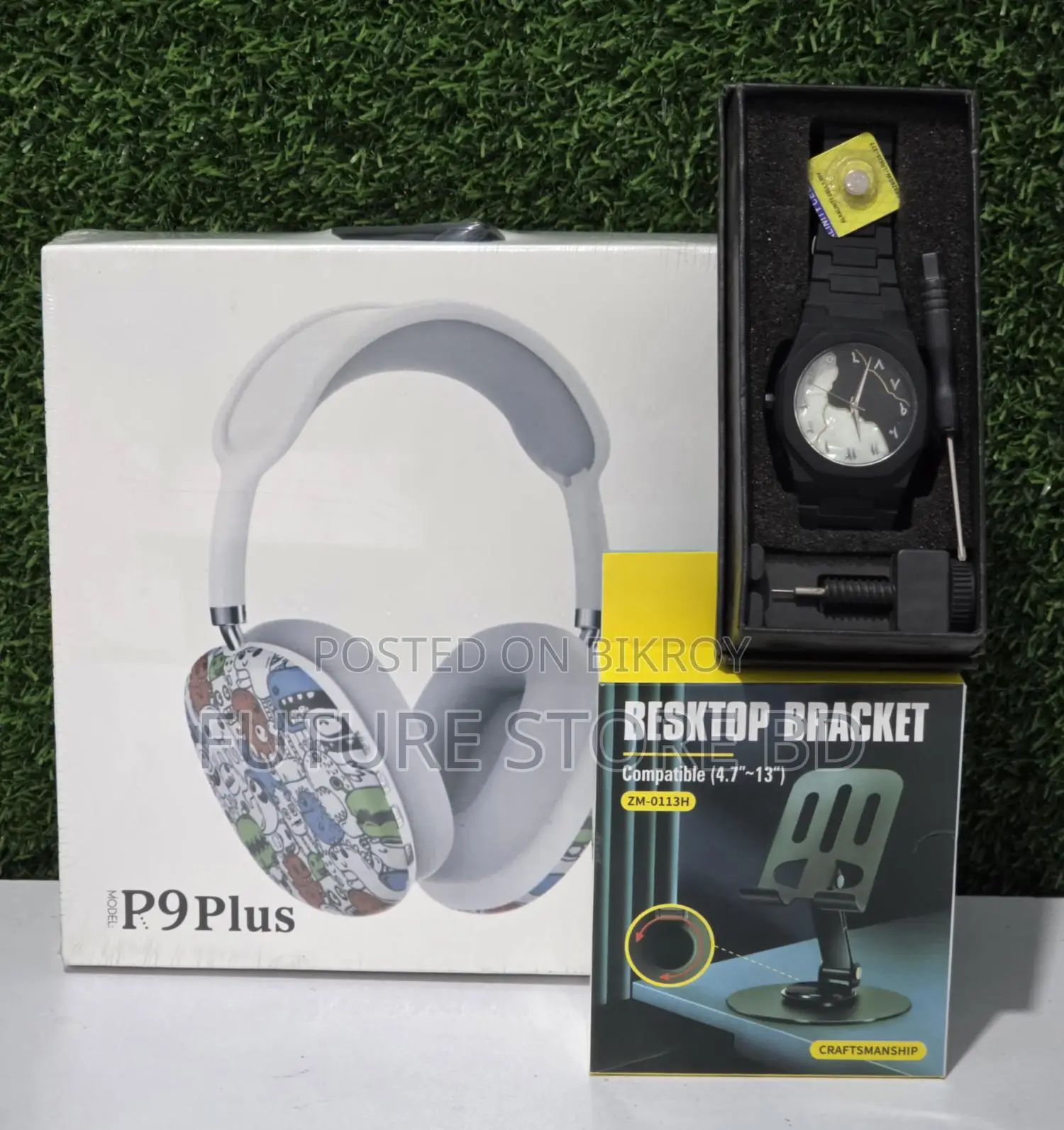3-in-1 Combo Offer: P9 Plus Headphone + Arabic Aura Watch + Metal Phone Stand