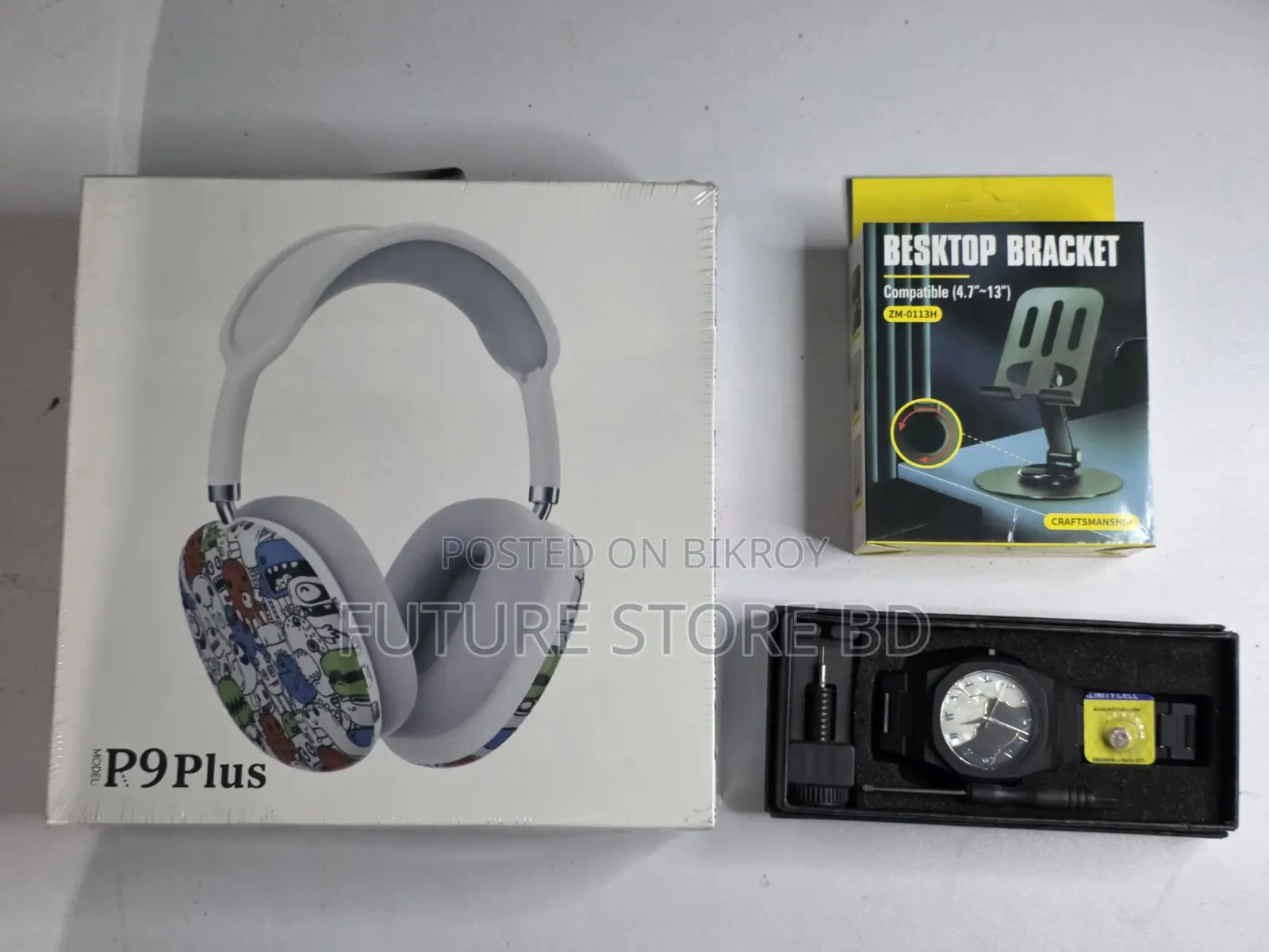 3-in-1 Combo Offer: P9 Plus Headphone + Arabic Aura Watch + Metal Phone Stand