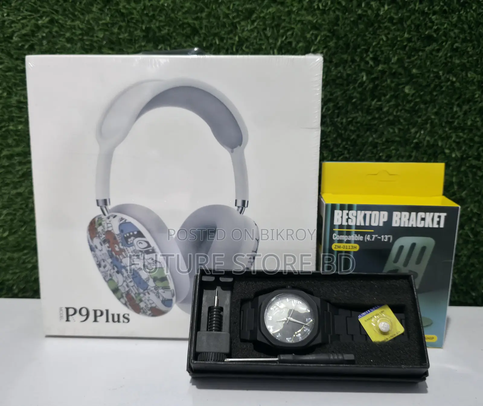 3-in-1 Combo Offer: P9 Plus Headphone + Arabic Aura Watch + Metal Phone Stand