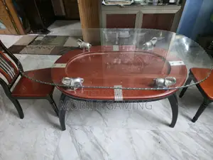 6 Seater Glass Top Dining Table With Lacquered Wood Frame.