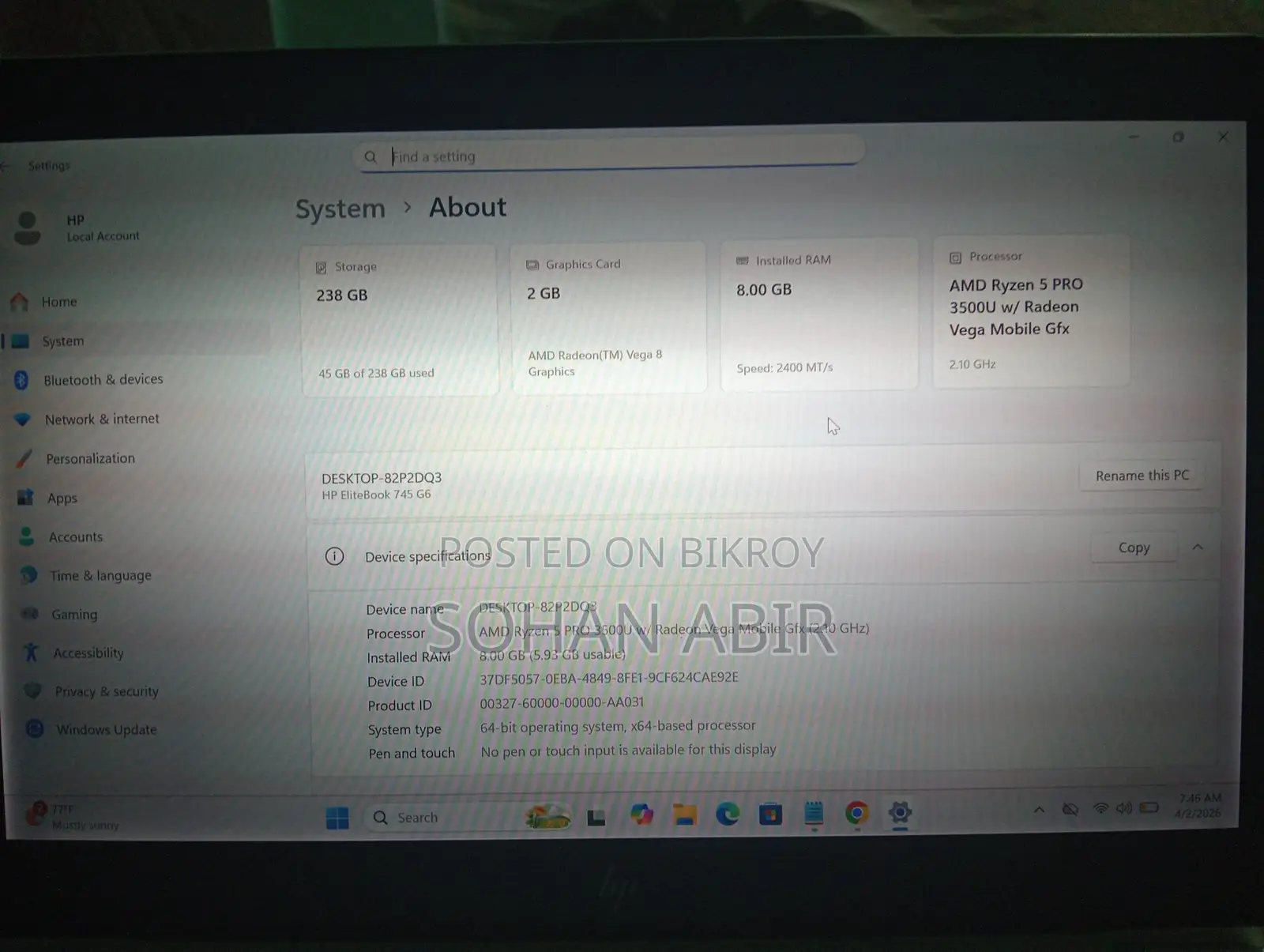 Hp Elitebook 745 G6 (ryzen 5 Pro) Graphics 2gb