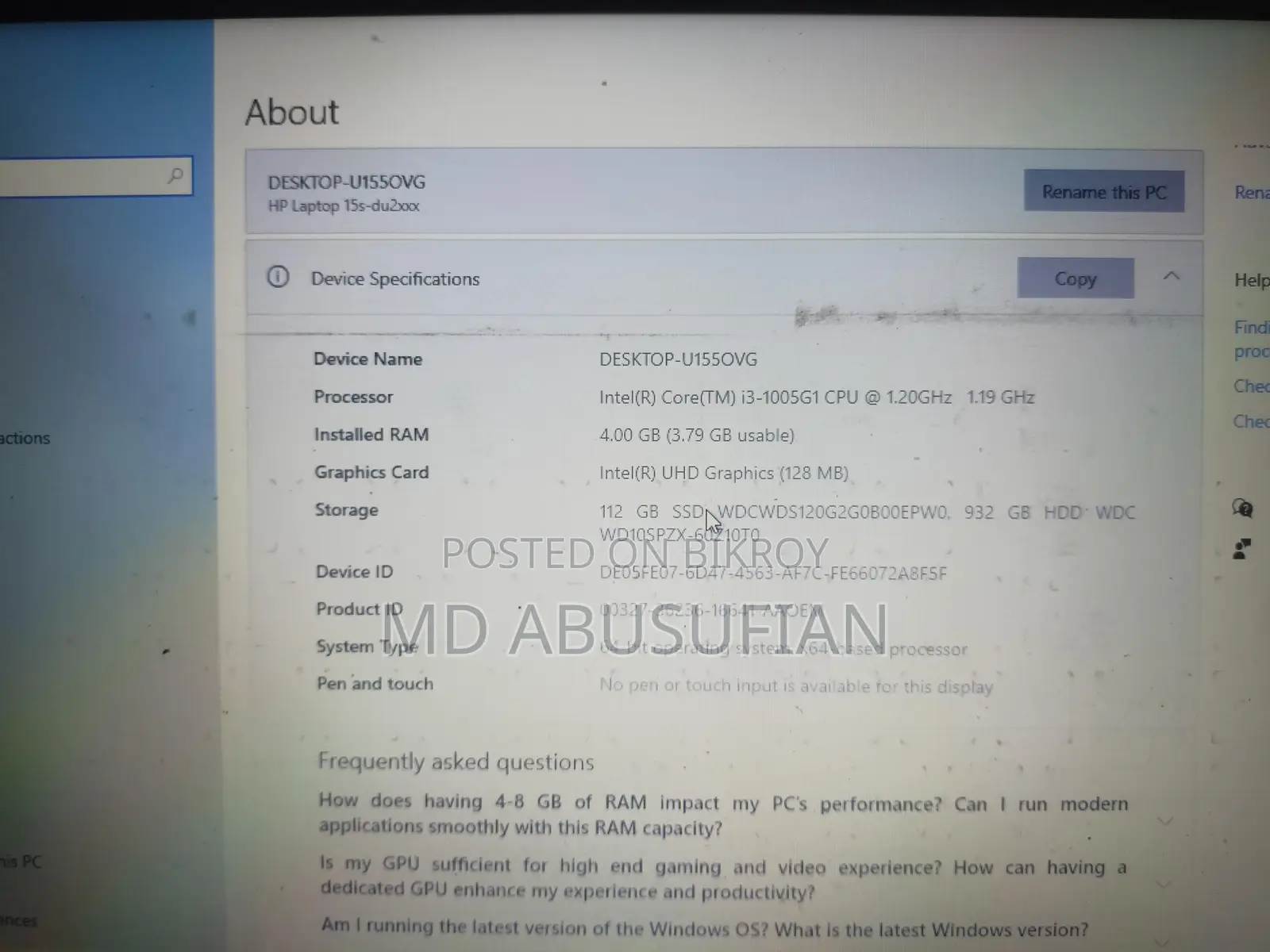 This laptop is for sale. Model: The HP 15s-du2061tu