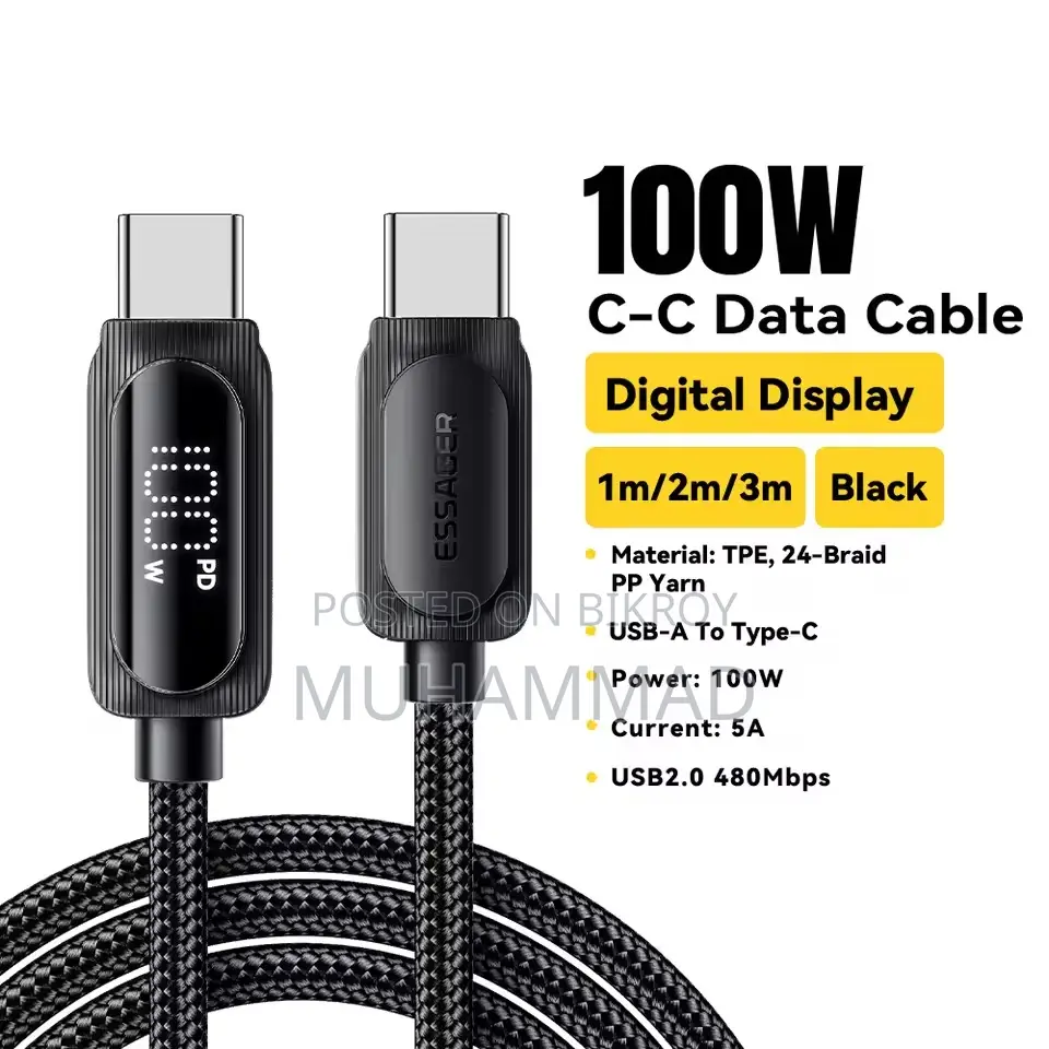 Essager 3 Meter Type C 100w Cable With Digital Wattmeter Display