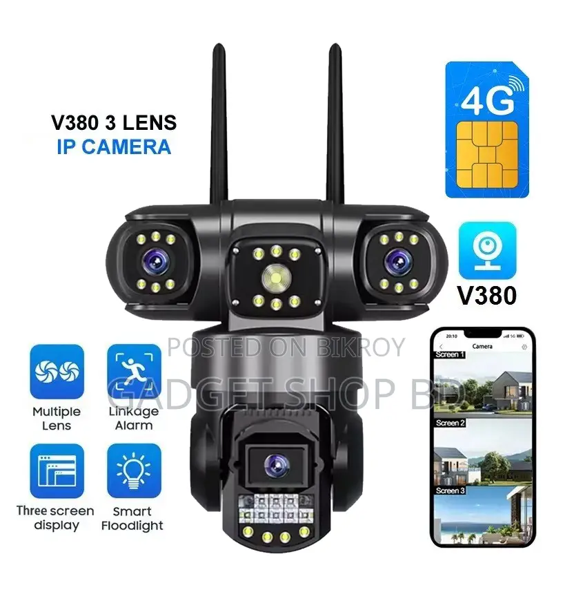 Three Lens 4G Sim Full HD 6MP Outdoor Waterproof IP Camera V380 Pro