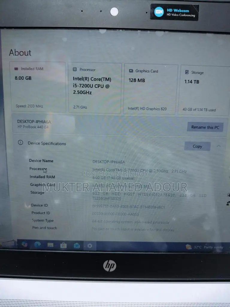 HP ProBook 440 G4, (RAM: 8GB,SSD:256GB, storage 1.14 TB, )