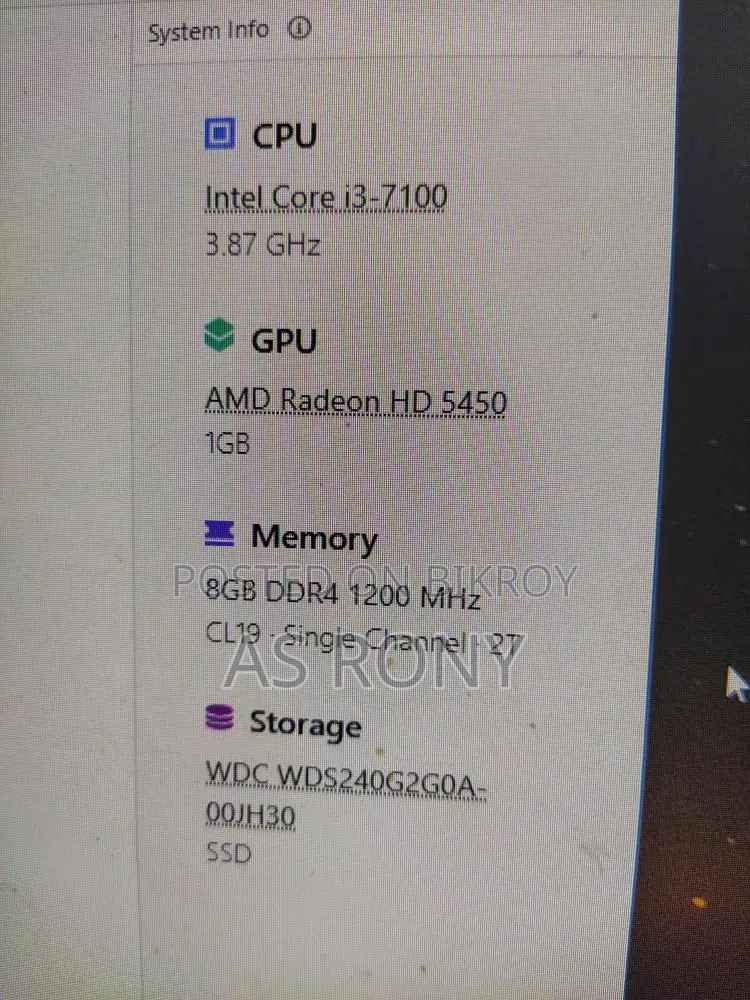 Core i3 7th Gen 8GB RAM 250 SSD, 24" monitor