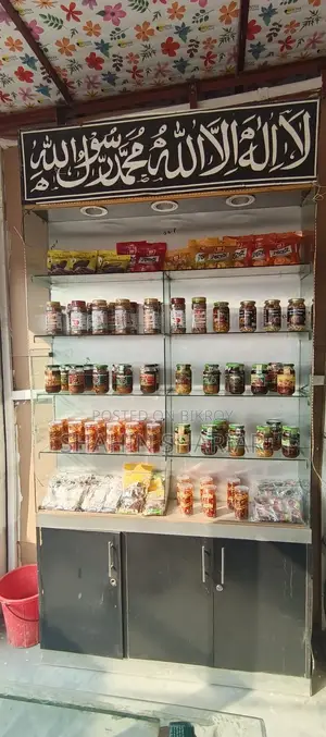 Glass Counter, Glass Rack, Partex Table, Partex Rack, Wooden Table and Rack