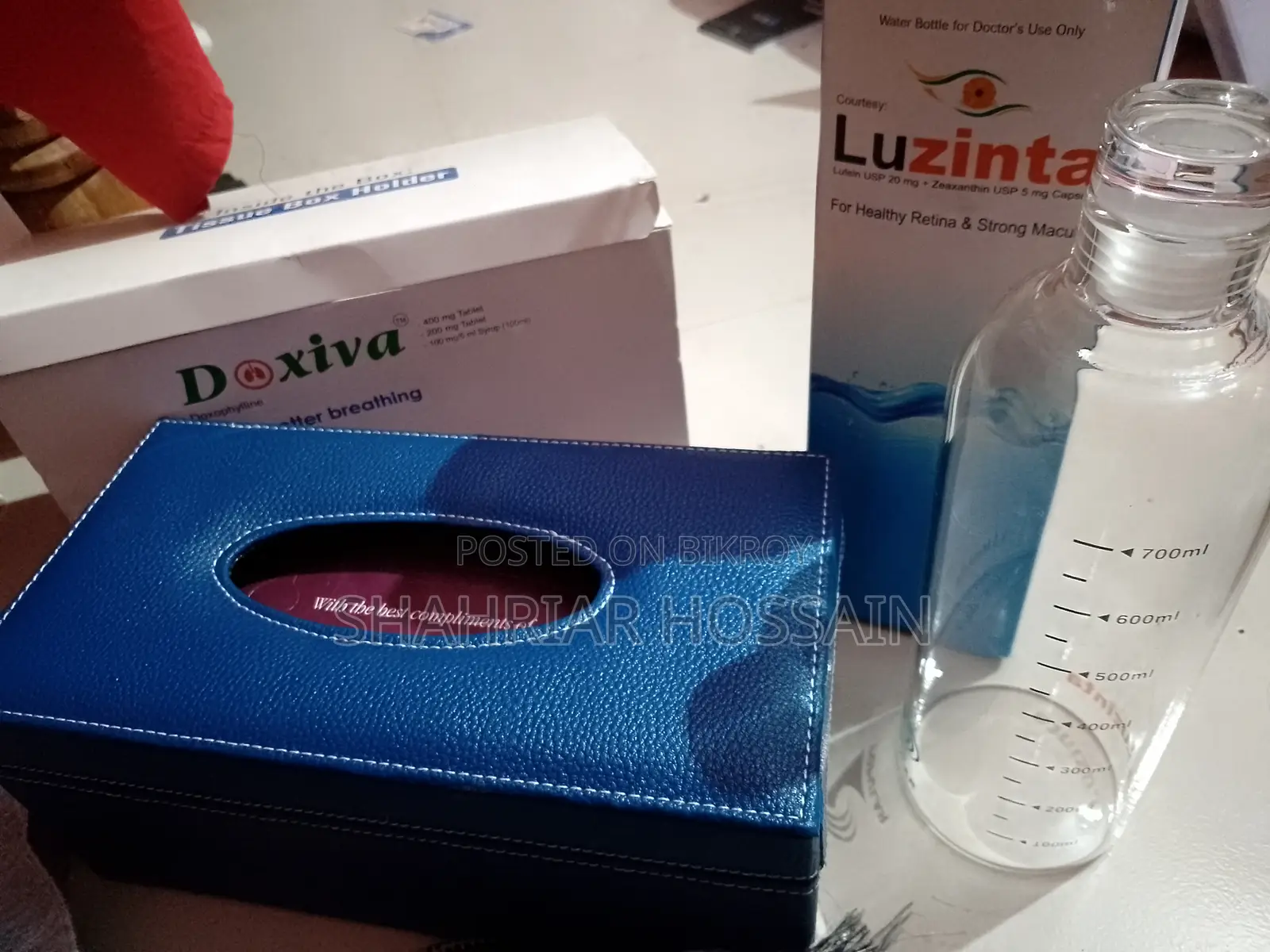 Table Tissue Box (Rexin) And Glass Jar (Water)
