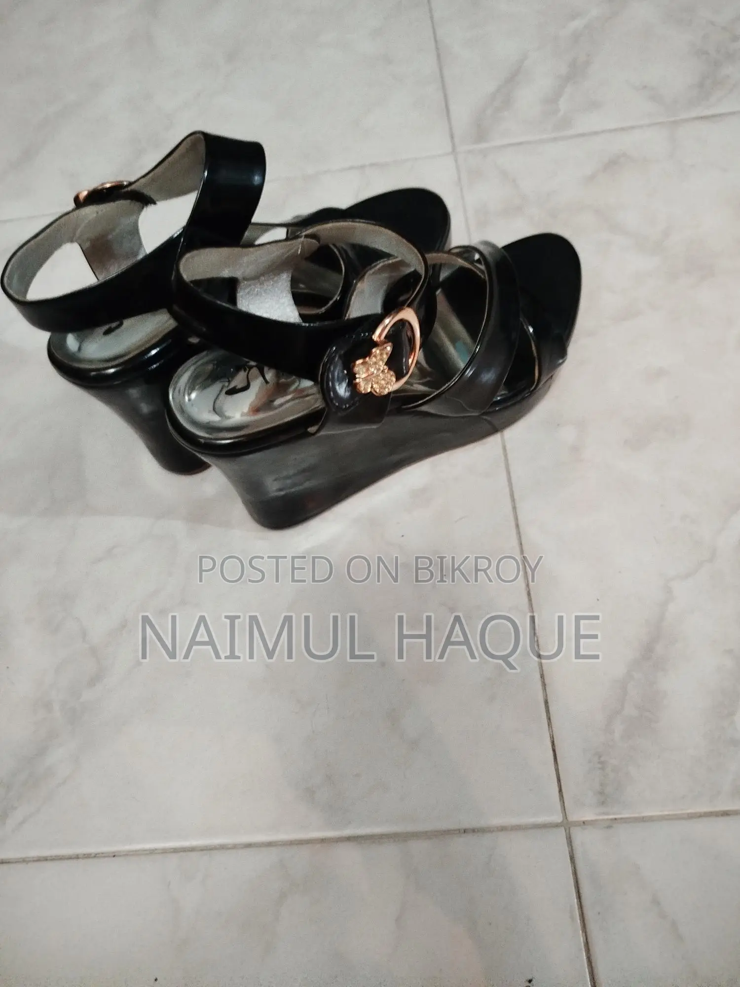Premium Glossy Black Wedge Heels with Elegant Butterfly Buckle