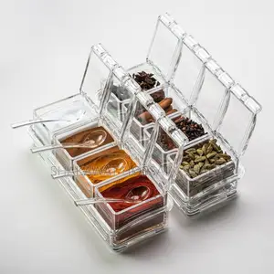 4 Grid Acrylic Seasoning Spice Box Kit with Spoon Kitchen