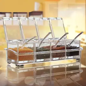 4 Grid Acrylic Seasoning Spice Box Kit with Spoon Kitchen