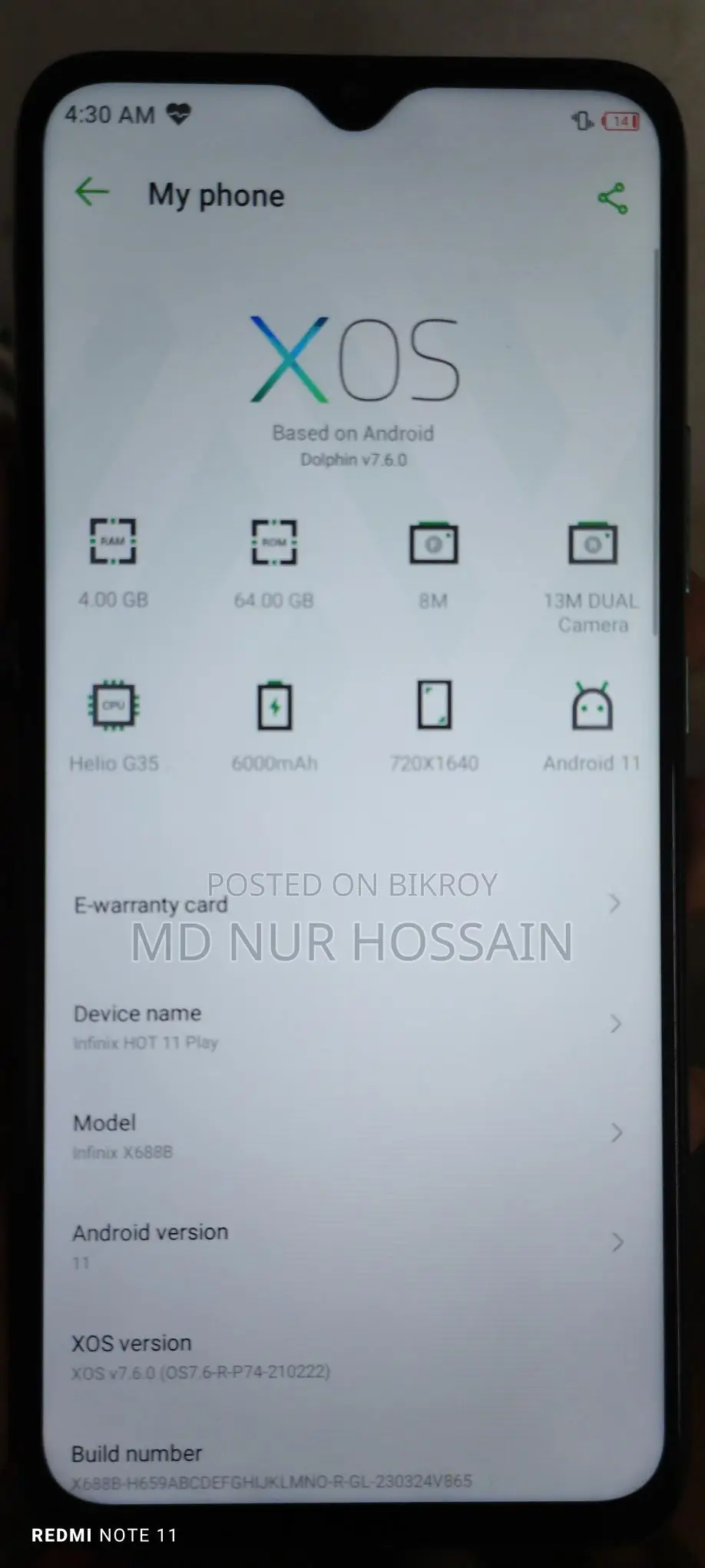 Infinix Hot 11 Play . (Used)