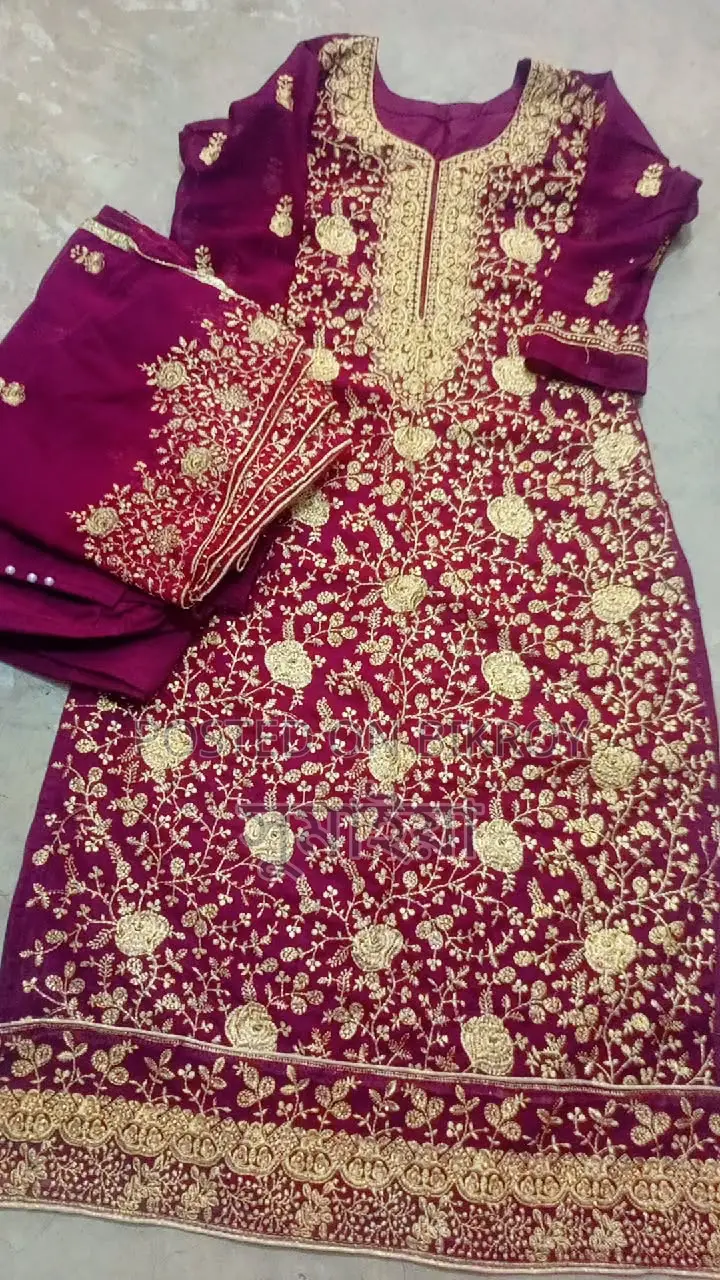 4 Georgette Three-Piece Sets and One Gown for Sale