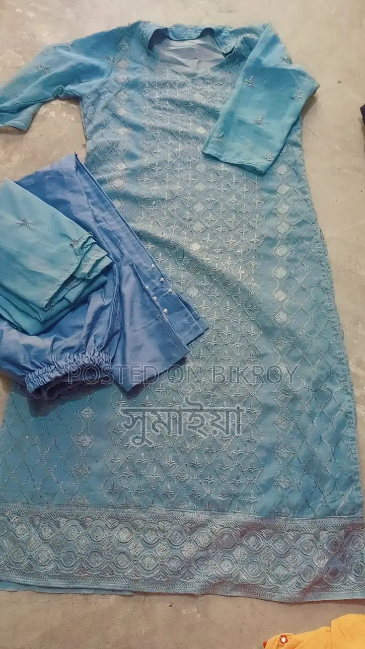 4 Georgette Three-Piece Sets and One Gown for Sale