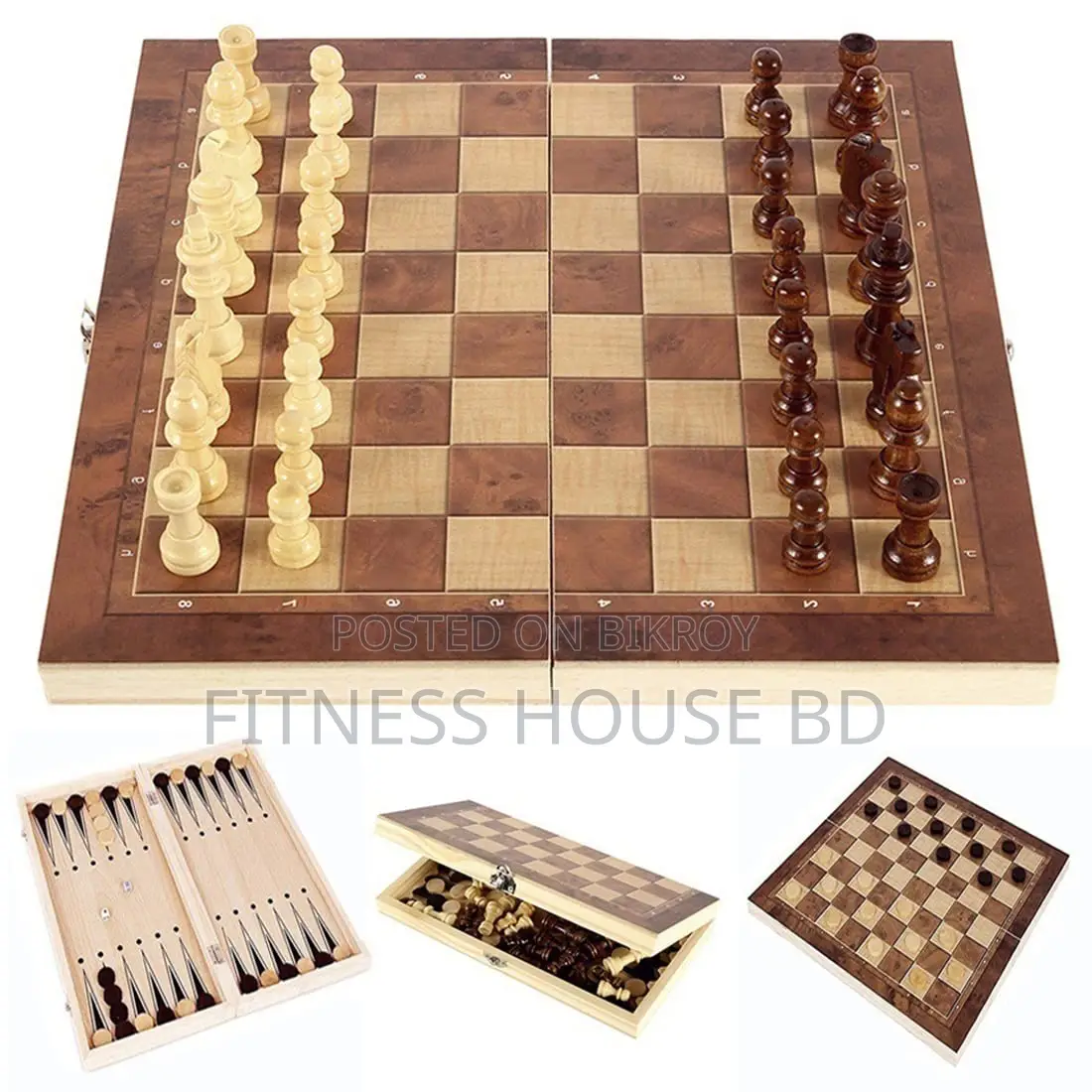 Large Size Wooden Chess Board 3 In 1