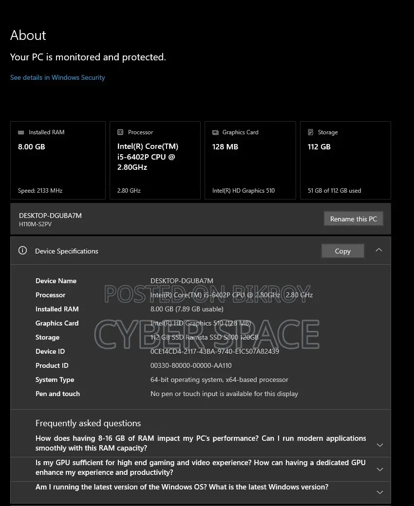 Desktop Computer 8GB Intel Core i5 SSD 128GB