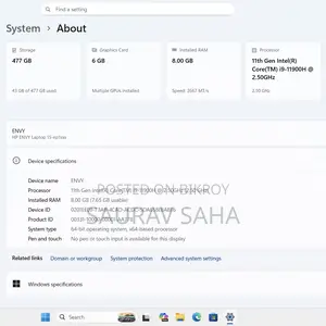 HP ENVY 15 - i9 11900H NVIDIA RTX 3060 6GB DDR6 GPU