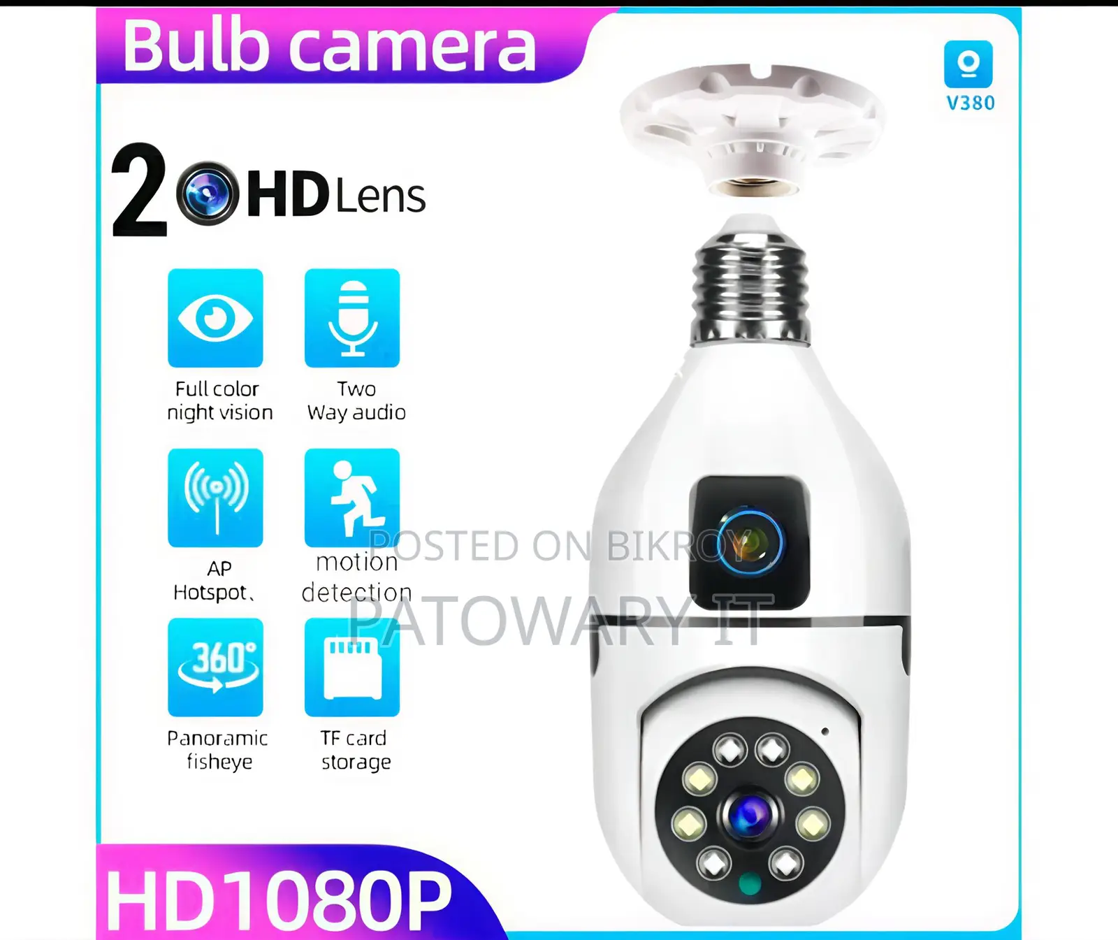 V380 Pro Dual Lens (Double Camera) WiFi IP Security Bulb Camera