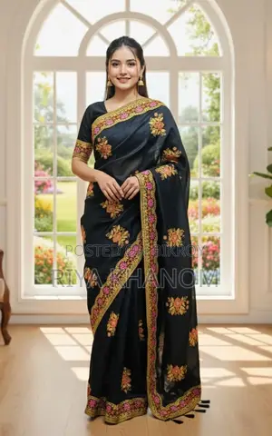Premium Embroidery Semi Moslin Saree with Running Blouse Piece