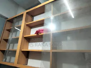 Glass rack for shop, aluminum rack, chair, long bench for sitting.