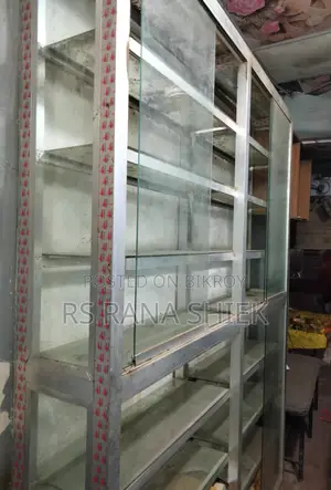 Glass rack for shop, aluminum rack, chair, long bench for sitting.