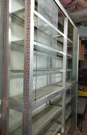 Fridge, Aluminum Rack, Glass Chairs, Large Sitting Bench.