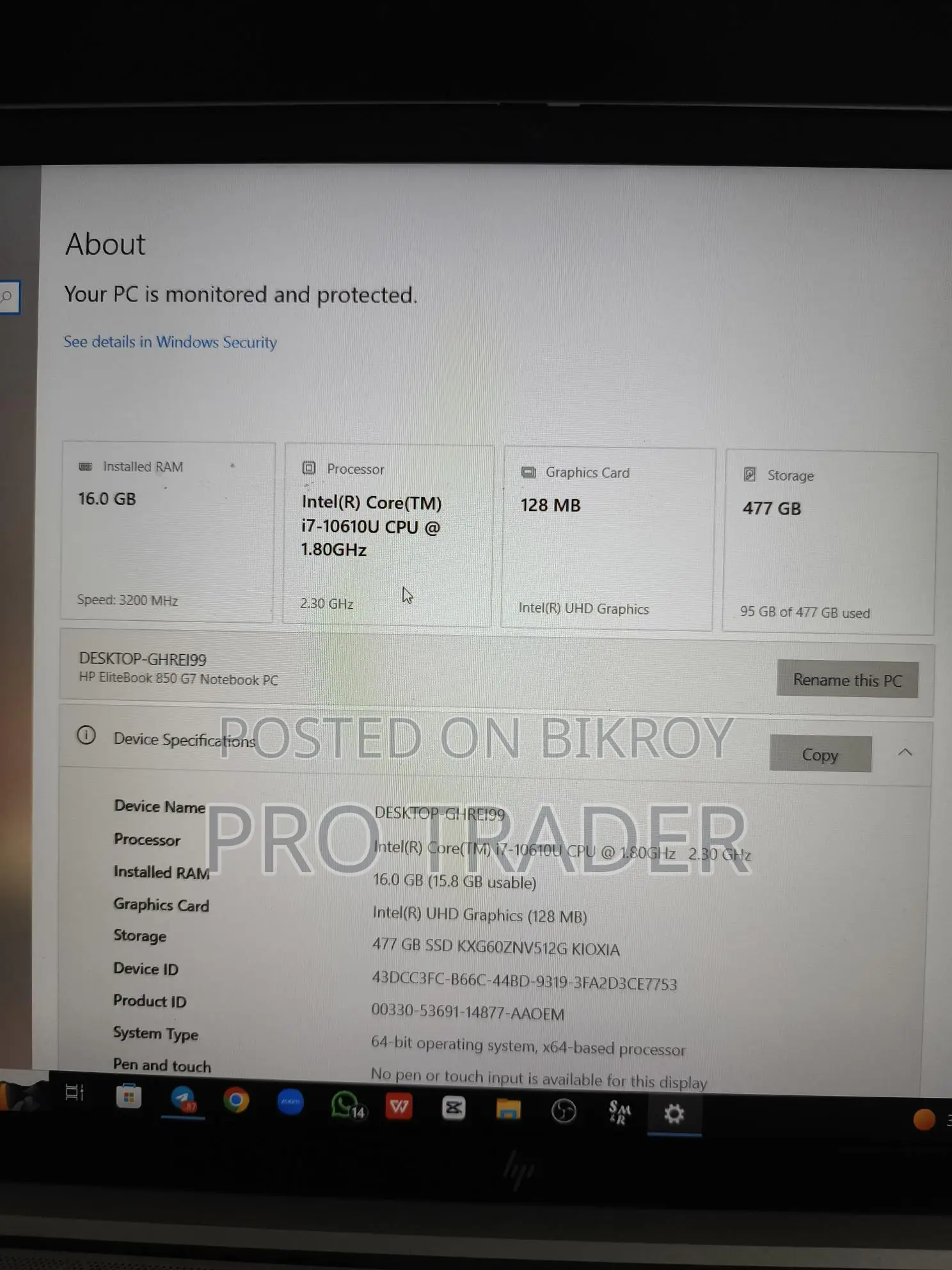 HP Elitebook 850 G7 Processor: I7-10610u (10th Gen) RAM: 16GB SSD: 512GB