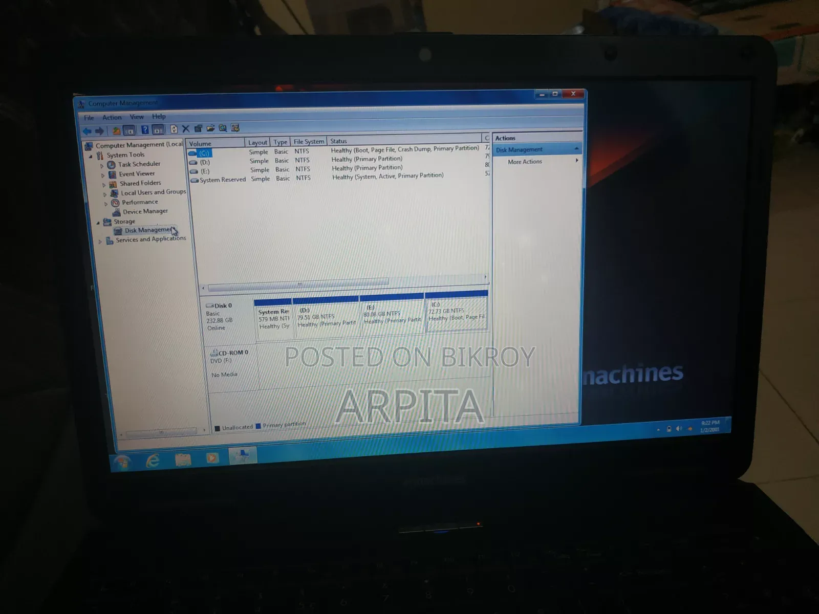 Laptop Acer eMachines E627 4GB Intel Pentium SSD 256GB