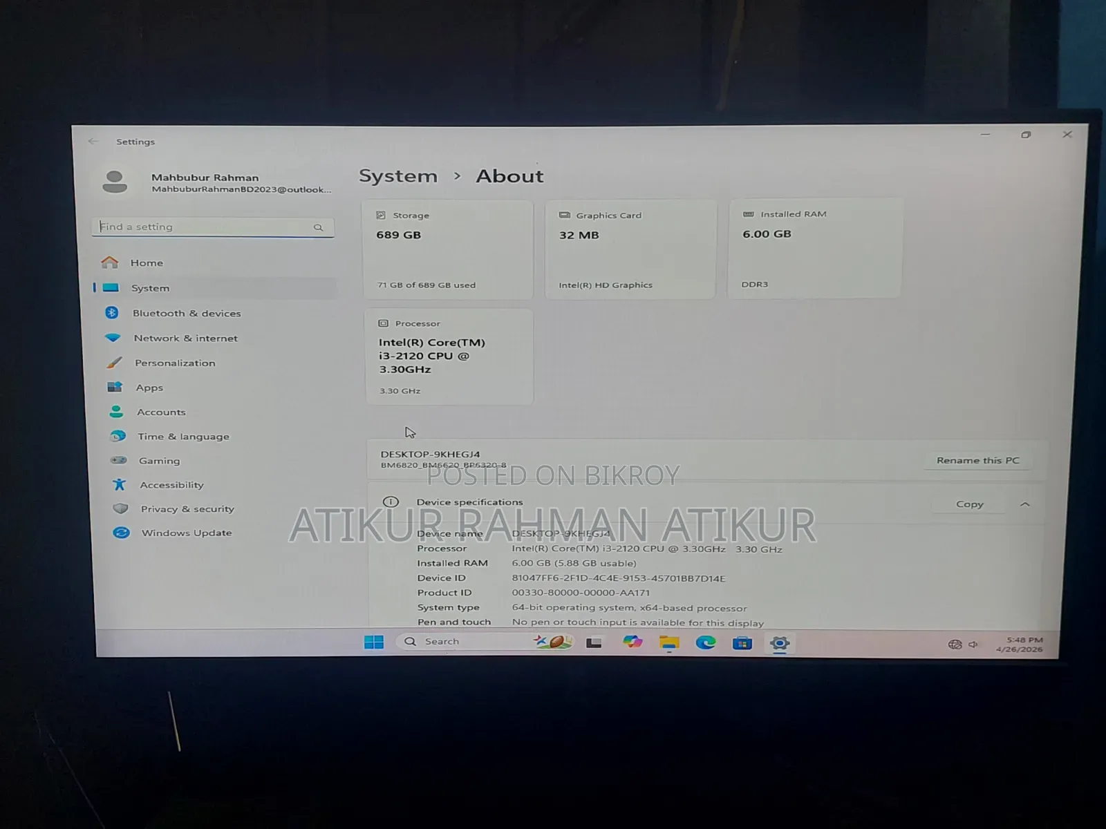 Desktop Computer 6GB Intel Core I3 HDD+SSD 700GB