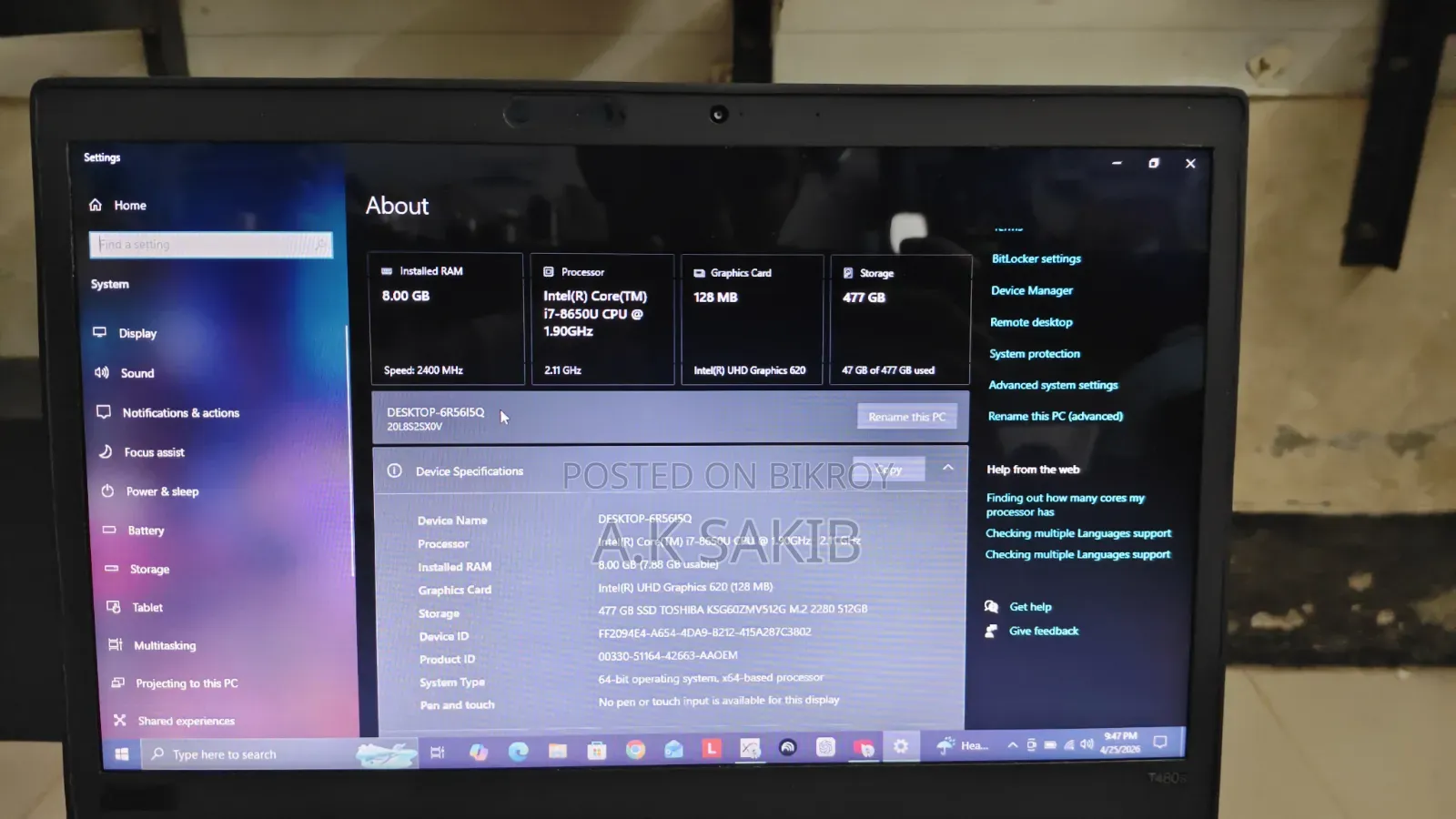 Laptop Lenovo ThinkPad T480s 8GB Intel Core I7 SSD 512GB