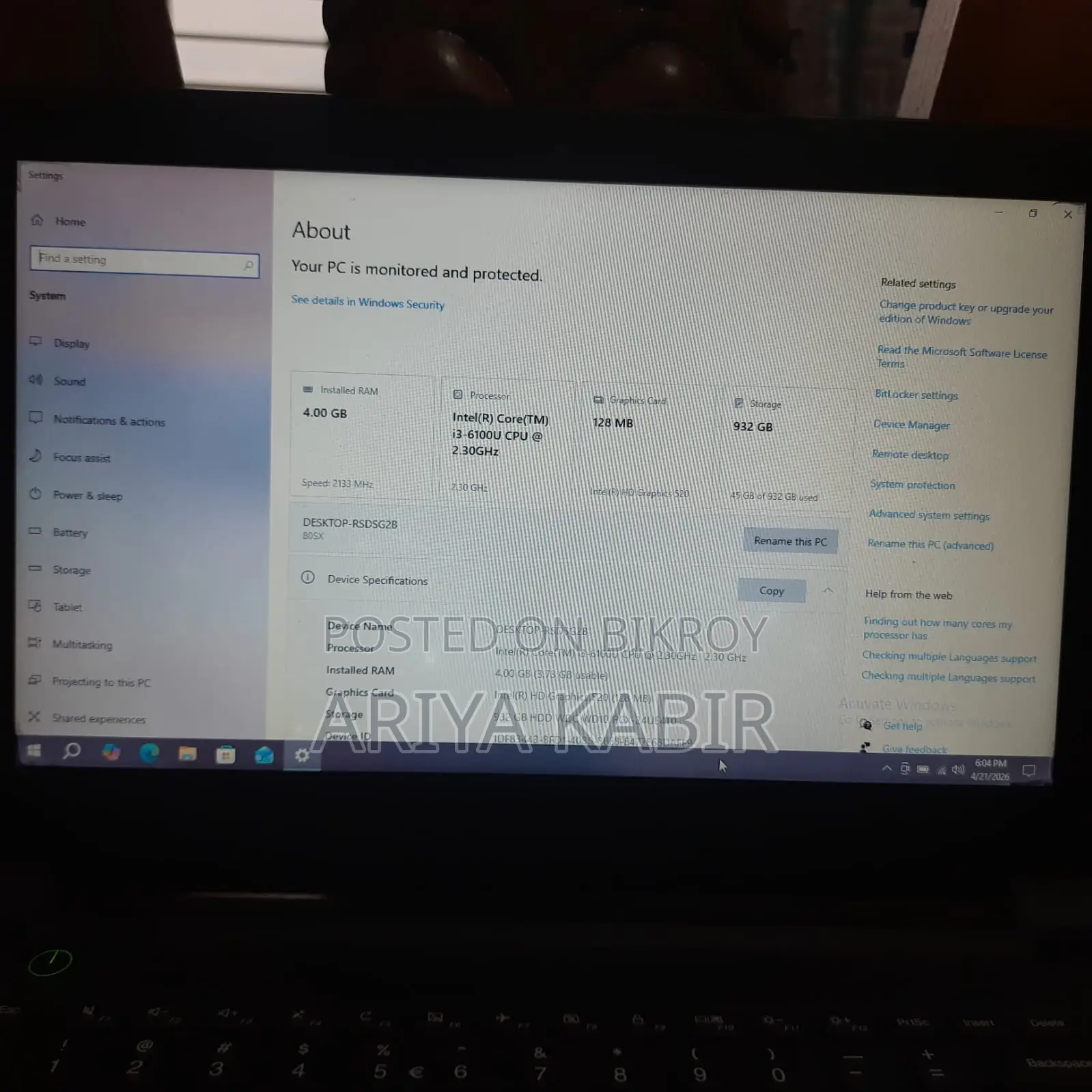 Lenovo laptop core i3 6th ram 4gb HDD 1000gb