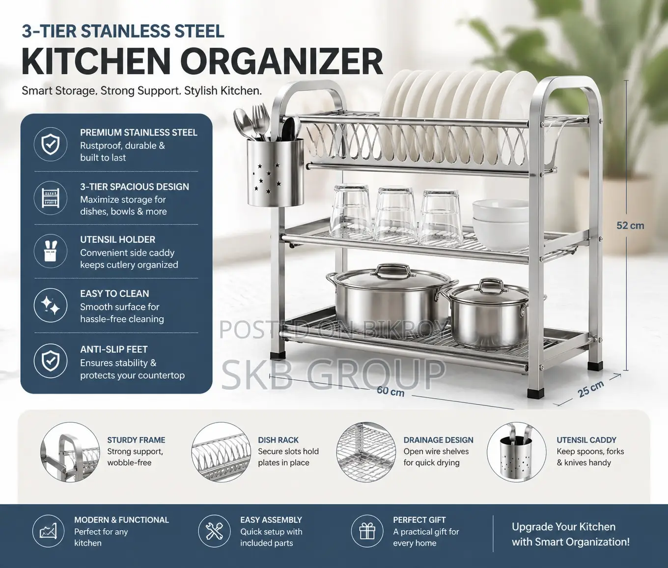 Skb Cookware Wall Hanging 3 Layer Stainless Steel Dish Rack