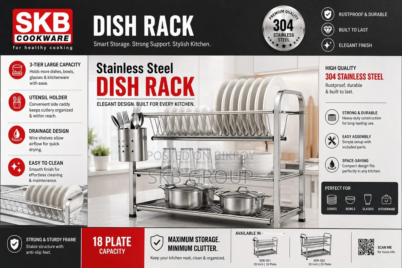 Skb Cookware Wall Hanging 3 Layer Stainless Steel Dish Rack