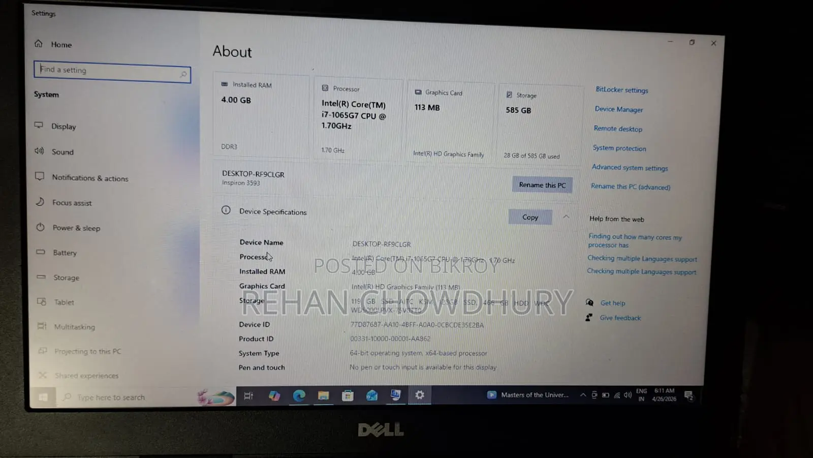 Laptop i7 10th Gen | 4GB RAM 120GB SSD + 500GB HDD