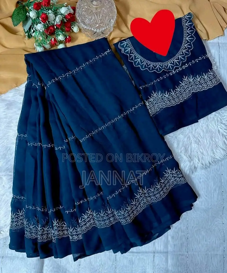 সফট জর্জেট এমব্রয়ডারি শাড়ি ব্লাউজ পিস সহ