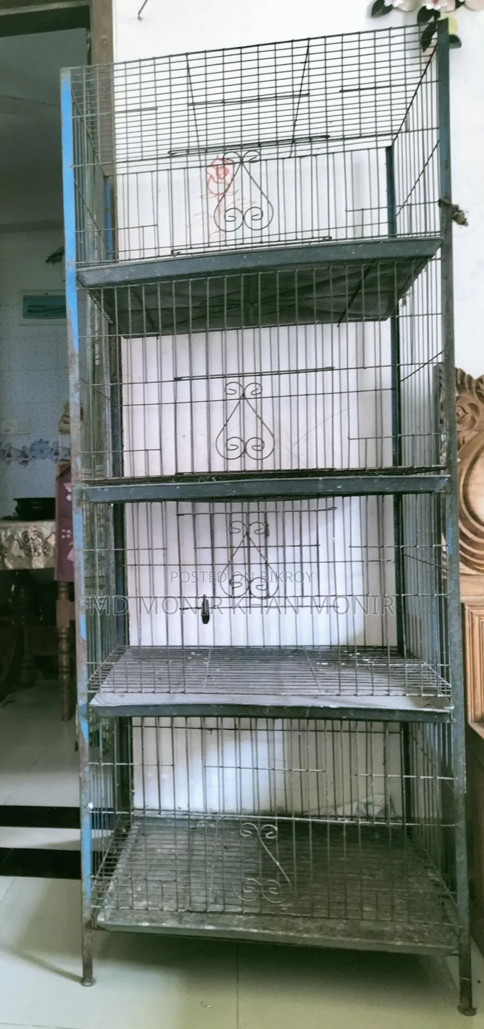 Bird Cages for Sale: One four-compartment and two three-compartment cages with food bowls