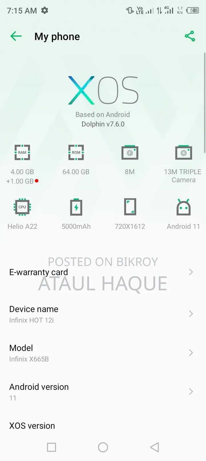 Infinix Hot 12i Ram 4+1/64 GB (Used)