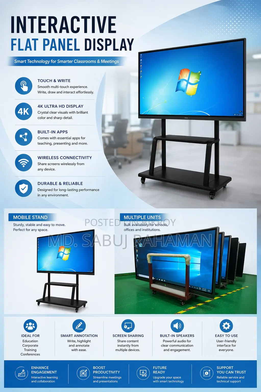 Bozee 75" 4K UHD Smart Interactive Flat Panel Display Dual Operating Sys