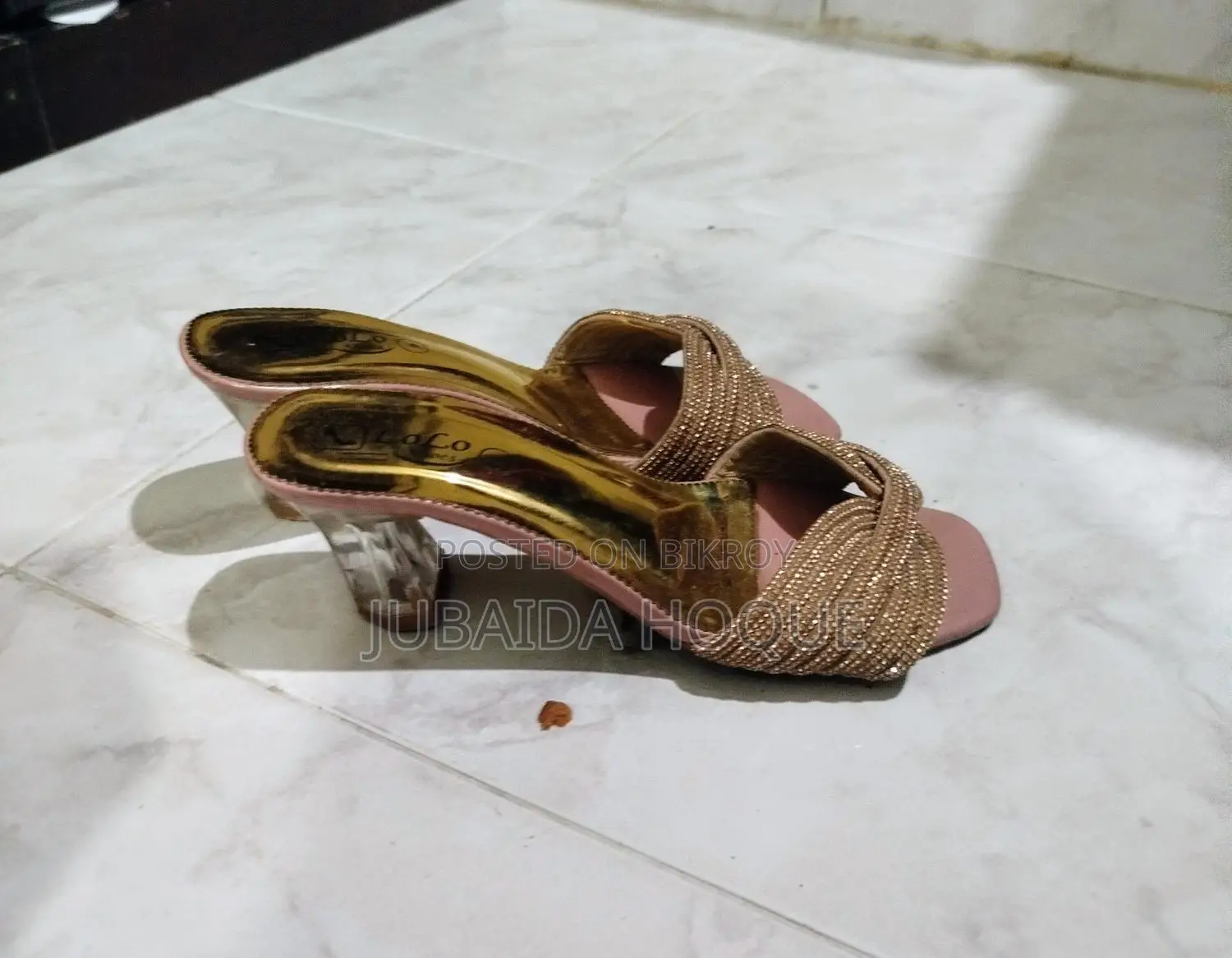Trendy Transparent Block Heels with Metallic Gold Finish