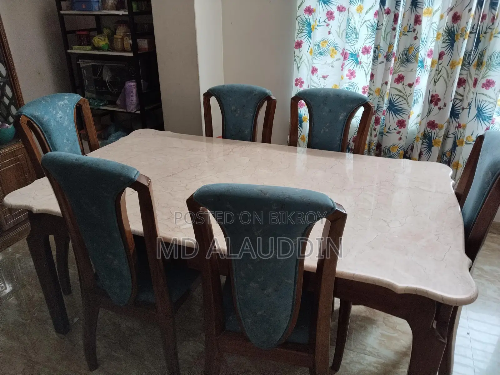 Marble Dining Table, Teak Wood Chairs. 6 Chairs