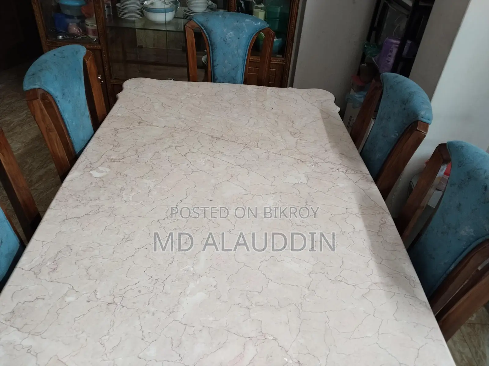Marble Dining Table, Teak Wood Chairs. 6 Chairs