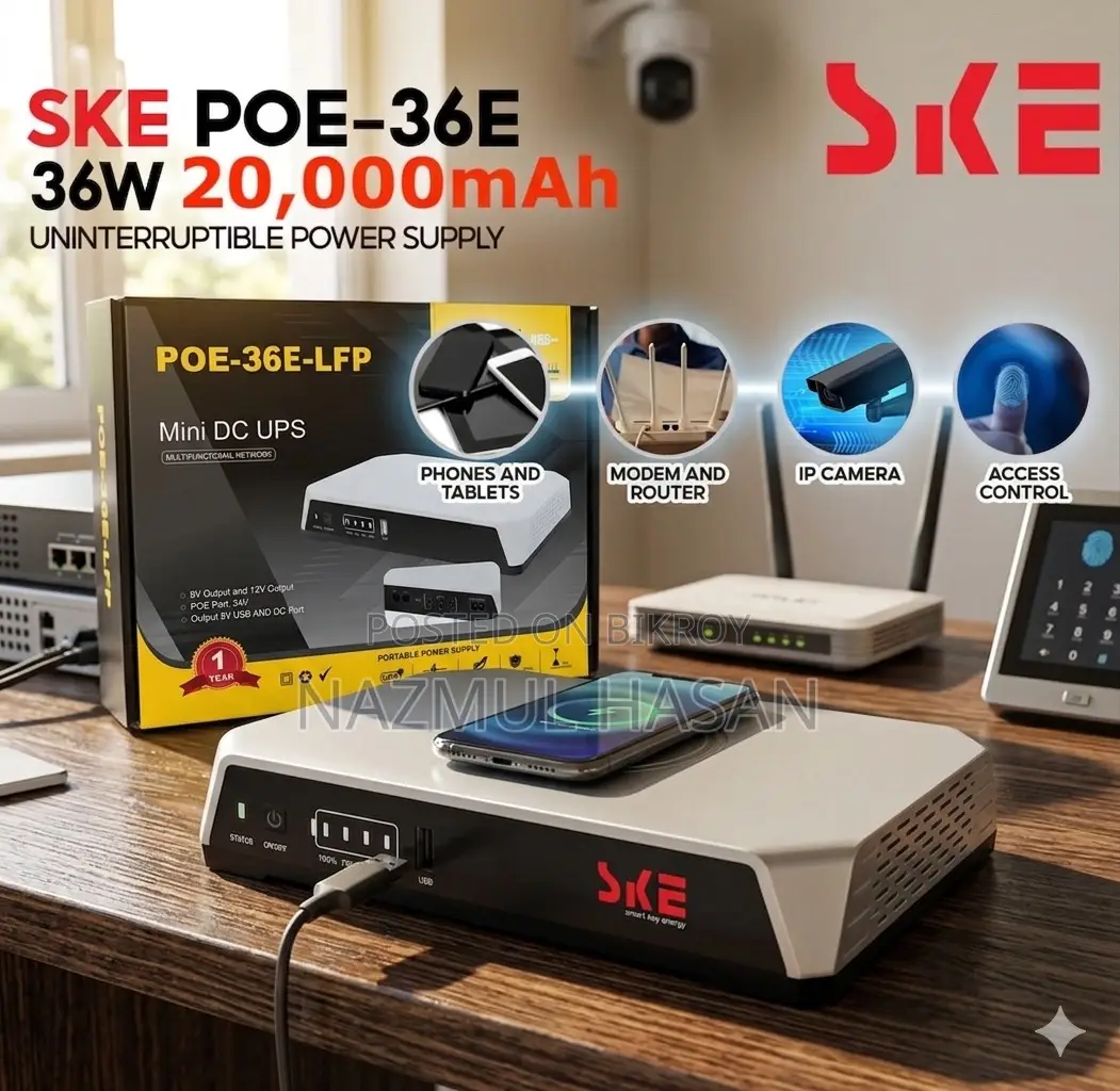 SKE POE-36E-LFP 20,000mAh Mini DC UPS – 36W High Power Backup with LiFePO4