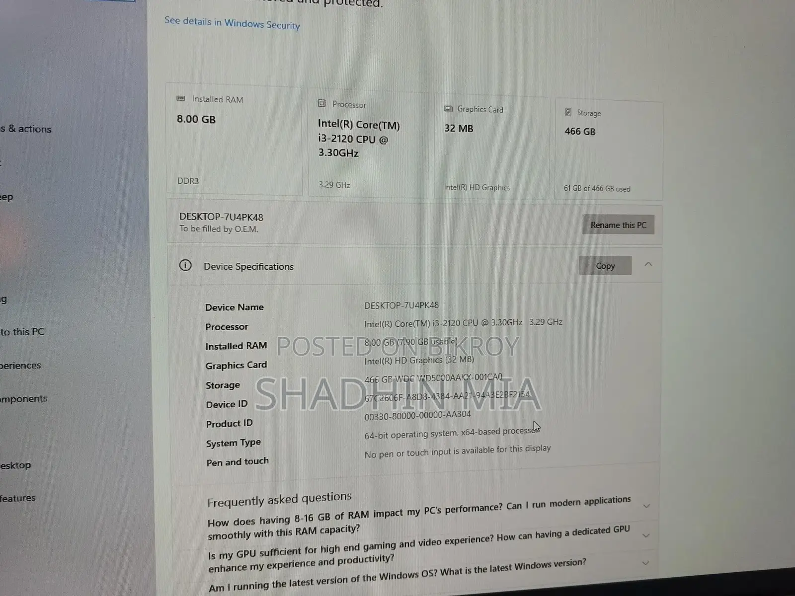 Computer full setup Ram-8GB core i3 / monitor 22" boder less