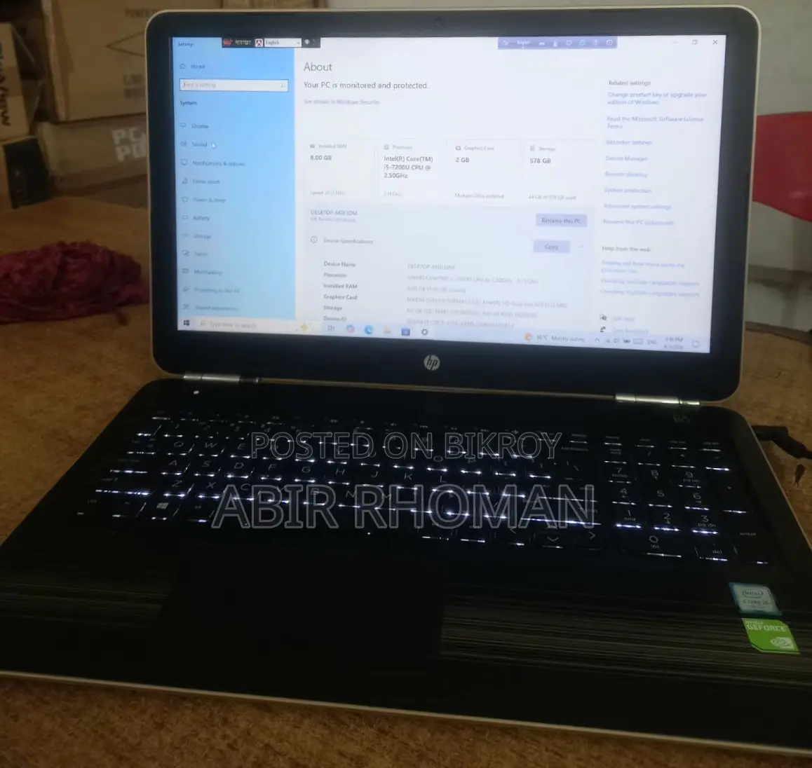 Hp Laptop Core i5 7Gen 8Gb Ram 2Gb Nvdia Graphic 120 GB SSD 1TB HDD