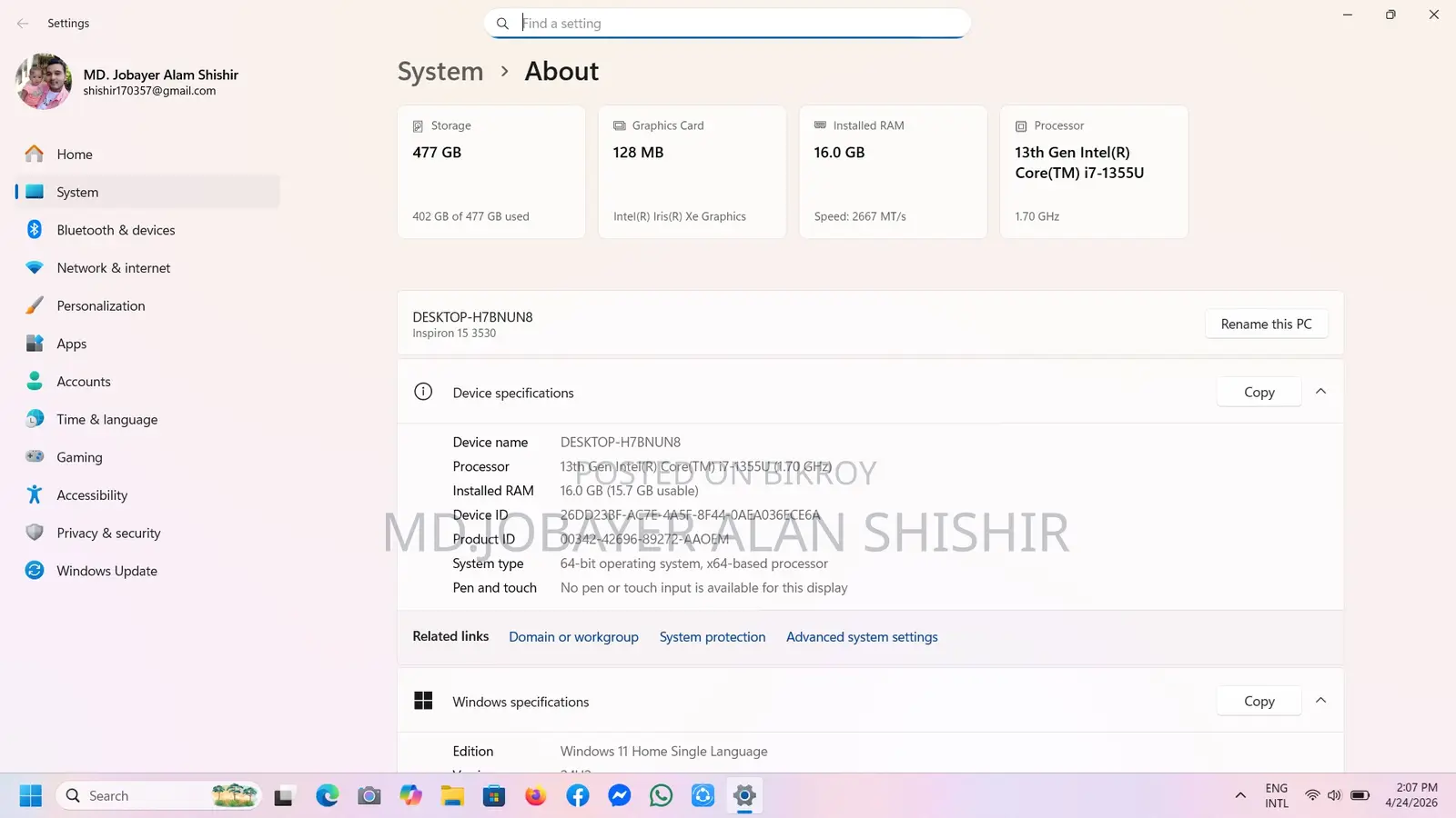 Dell inspiron 3530, Core i7 13 Gen. Fresh condition, like new