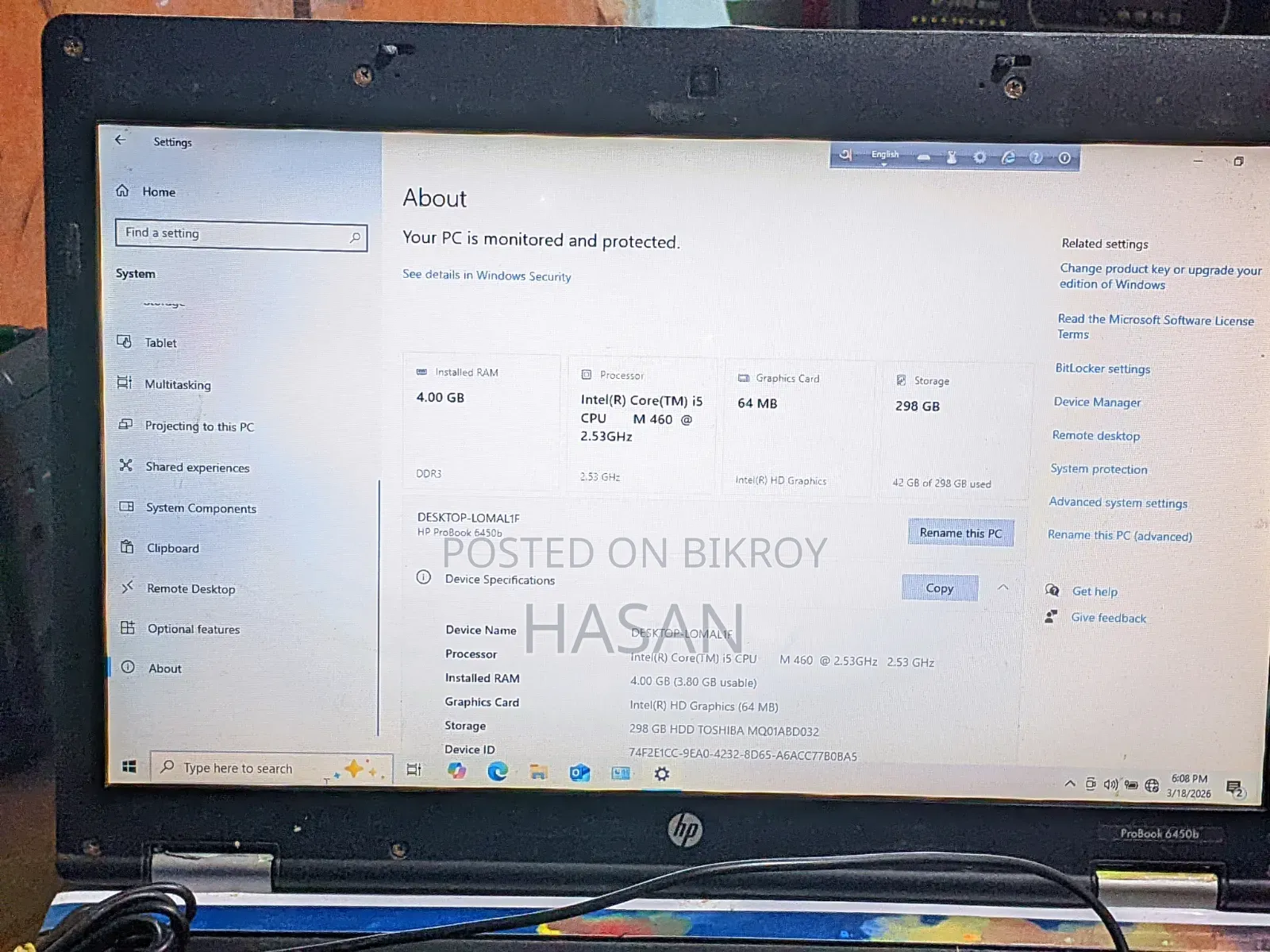 Laptop HP ProBook 6450b 4GB Intel Core I5 HDD 500GB