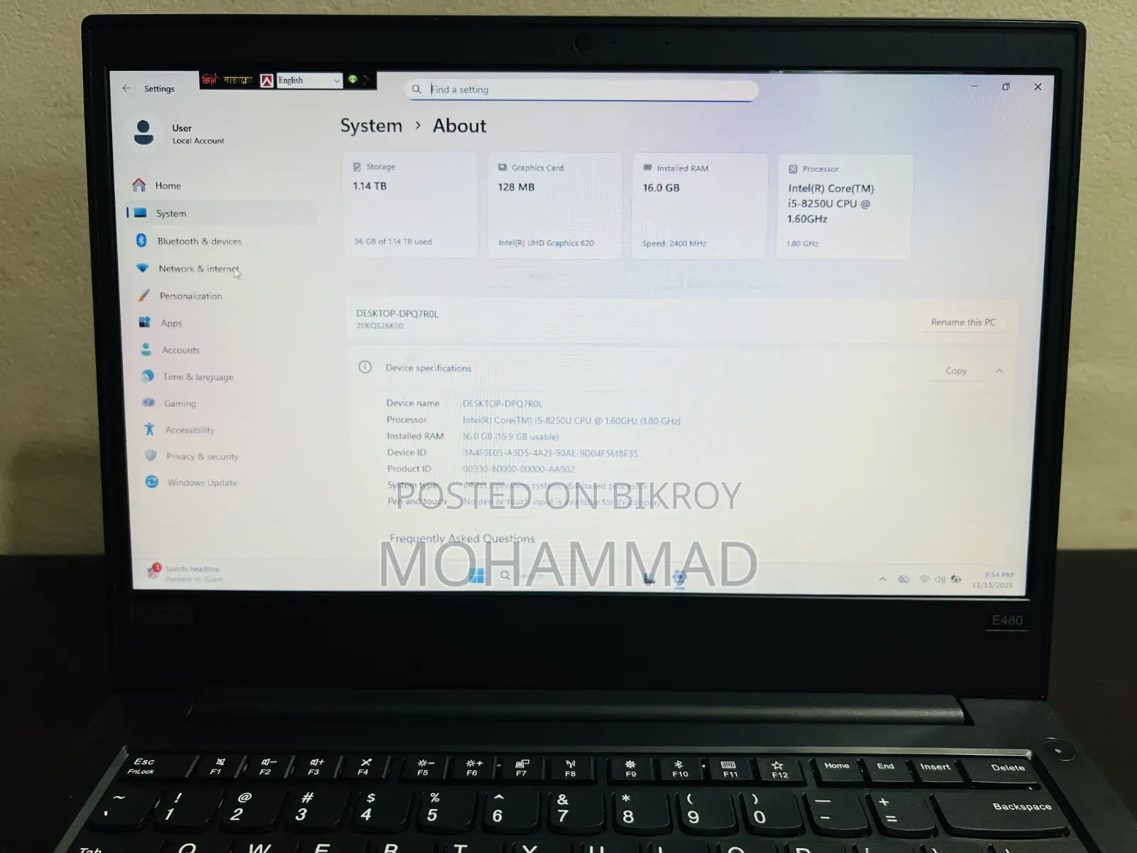 Laptop Lenovo ThinkPad E480 16GB Intel Core i5 HDD+SSD 1T
