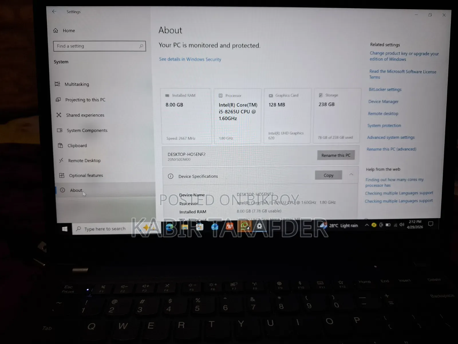 Laptop Lenovo ThinkPad T490s 8GB Intel Core I5 SSD 256GB