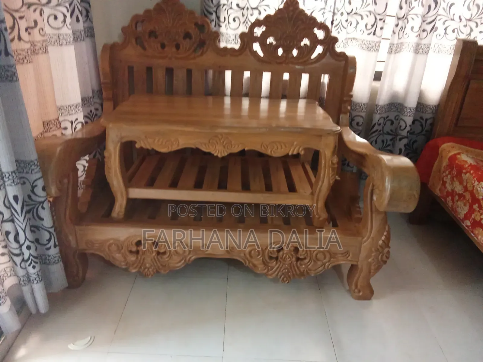 Original Khagrachari Teak Wood 6-Seater Sofa Set and 3 Tea Tables